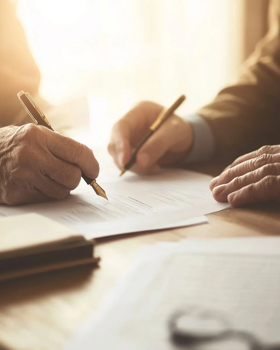 Two pairs of hands signing and reviewing a personalized care plan together at a sunlit desk.