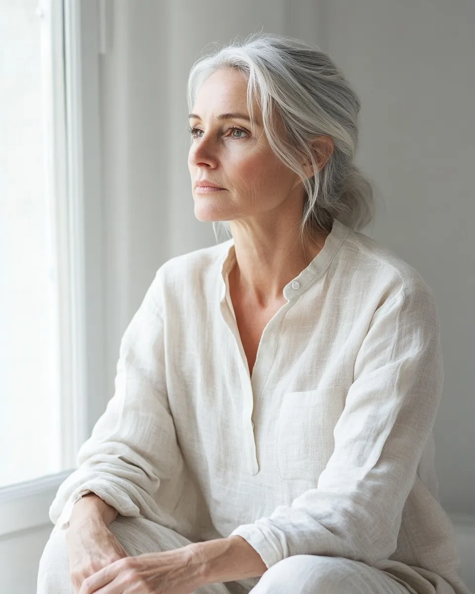 A patient seated in a quiet, considered moment, lit by soft natural window light.